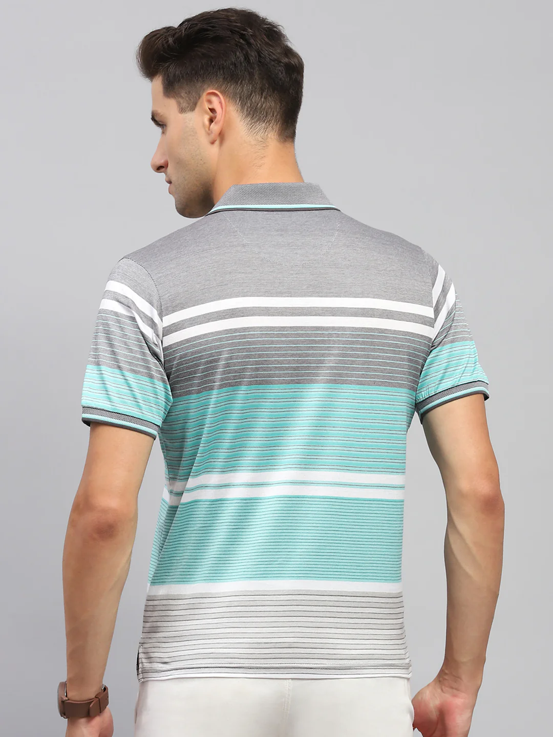 Men Grey & Green Stripe Collar Half Sleeve T-Shirt - Image 5