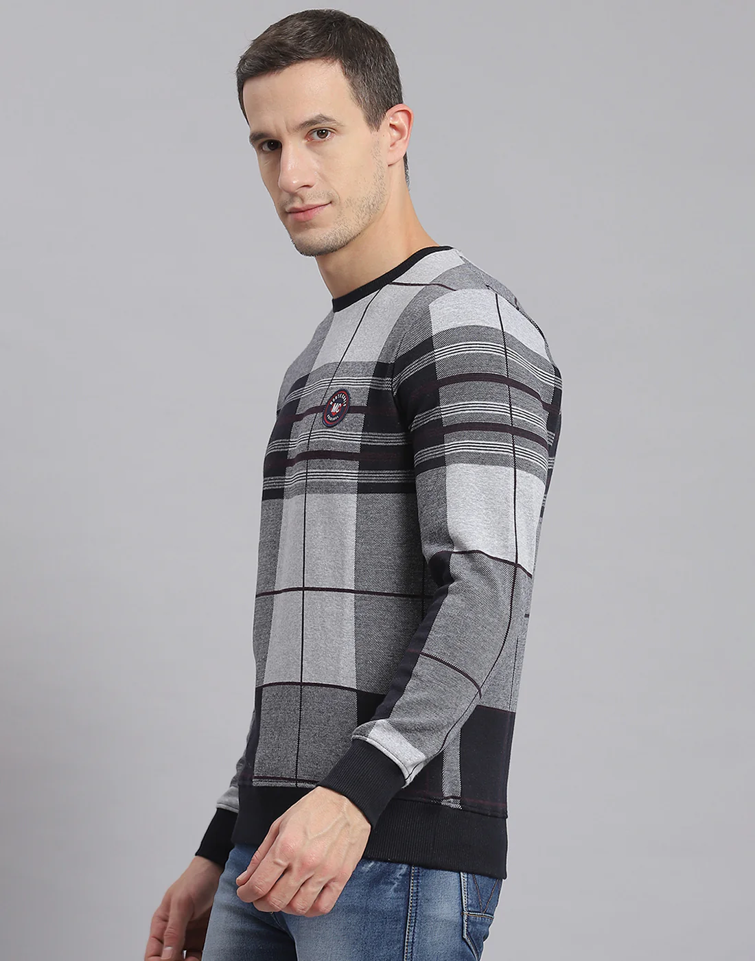 Men Grey Melange Check Round Neck Full Sleeve Sweatshirt - Image 3