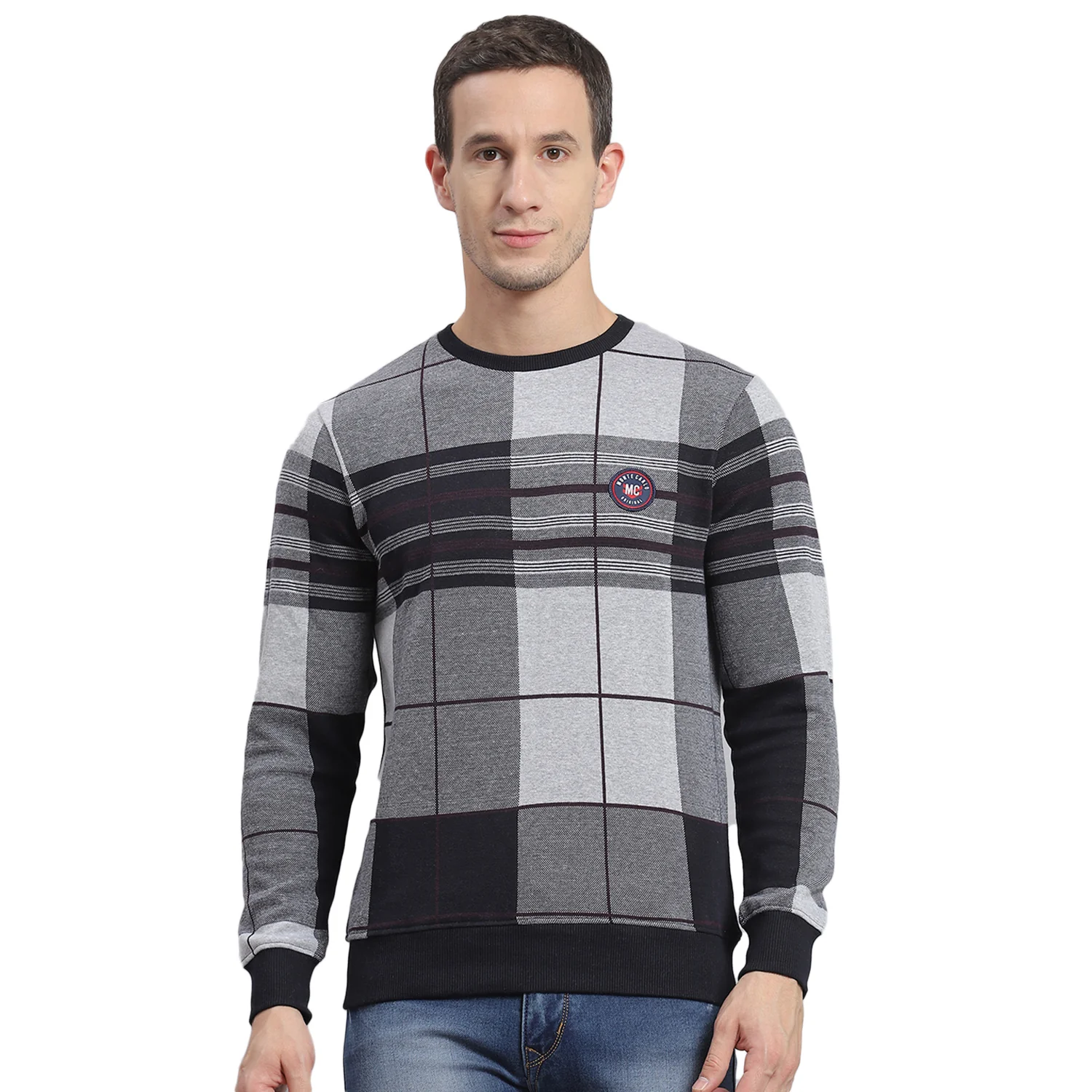 Men Grey Melange Check Round Neck Full Sleeve Sweatshirt - Image 5