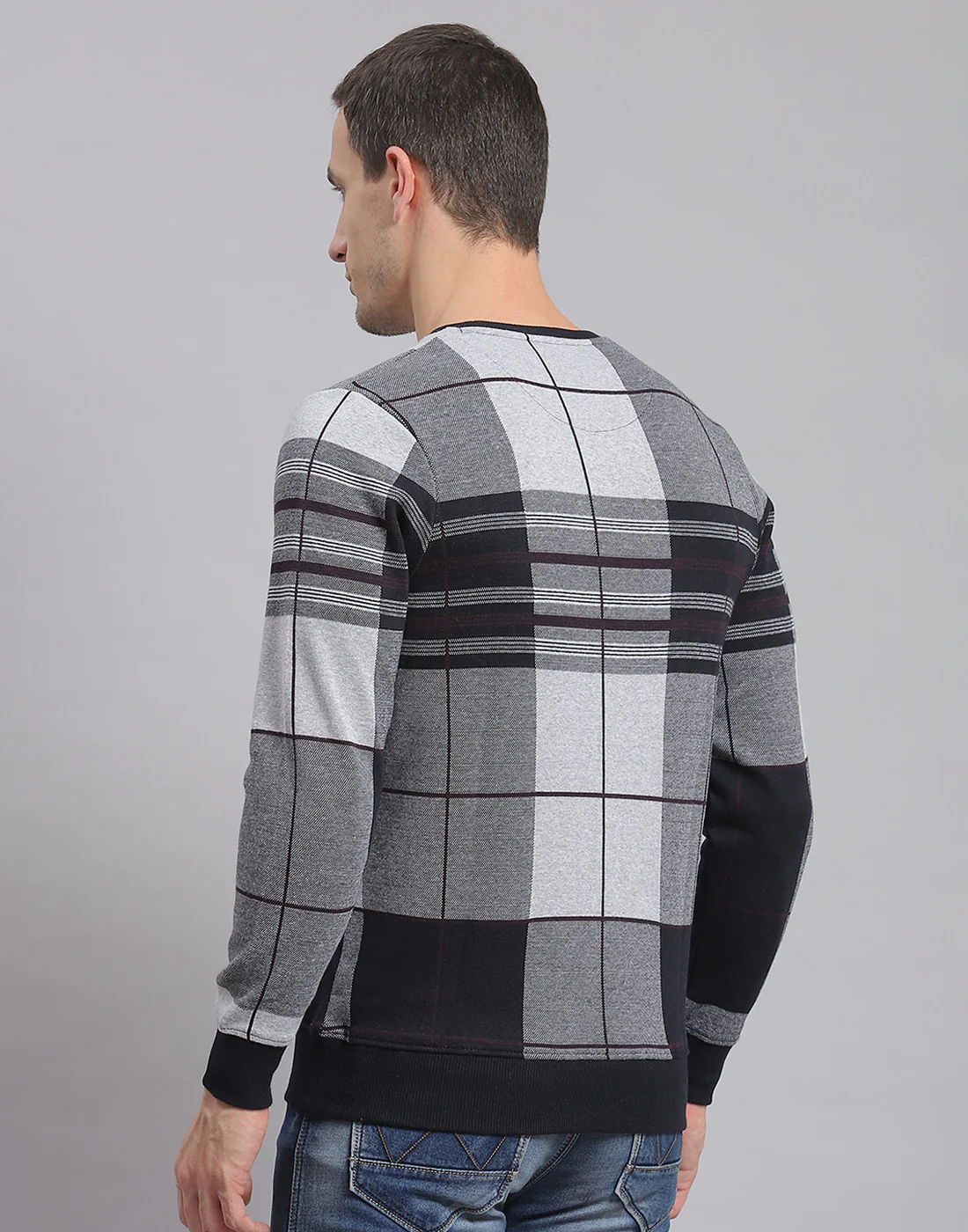 Men Grey Melange Check Round Neck Full Sleeve Sweatshirt - Image 6