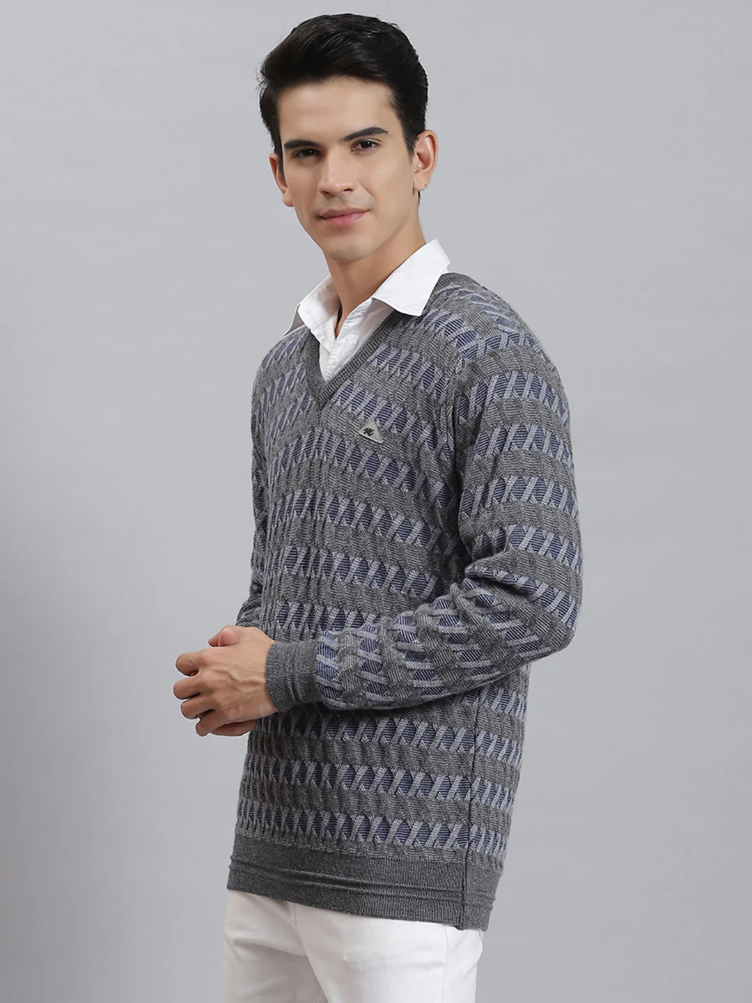 Men Grey Melange Self Design V Neck Full Sleeve Sweaters/Pullovers - Image 3