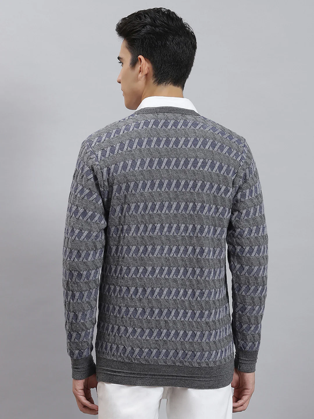 Men Grey Melange Self Design V Neck Full Sleeve Sweaters/Pullovers - Image 5