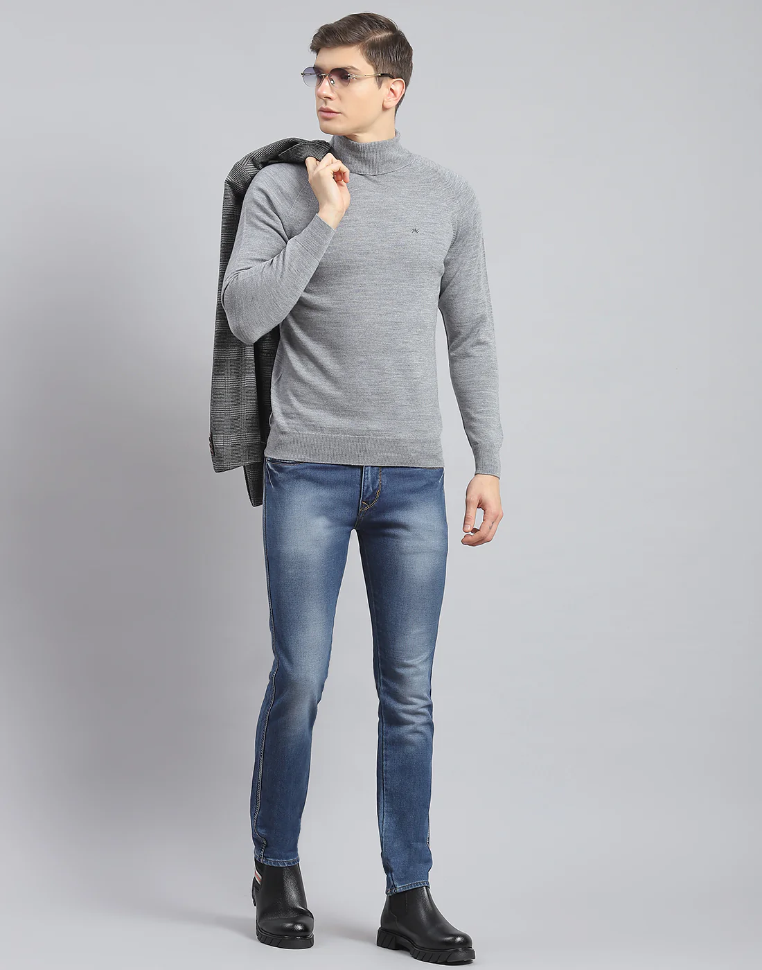 Men Grey Melange Solid High Neck Full Sleeve Pullover - Image 2