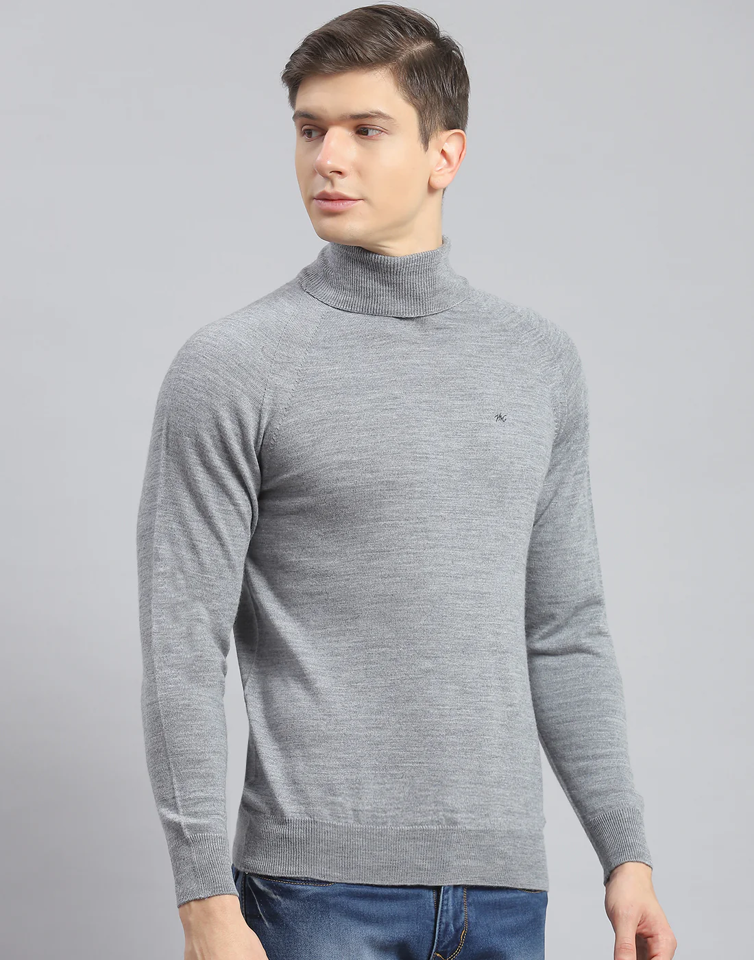 Men Grey Melange Solid High Neck Full Sleeve Pullover - Image 4