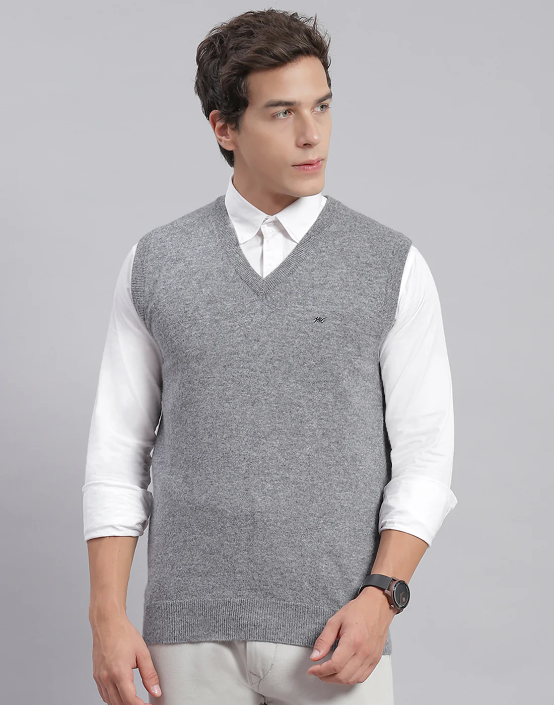 Men Grey Melange Solid V Neck Sleeveless Sweater - Image 3