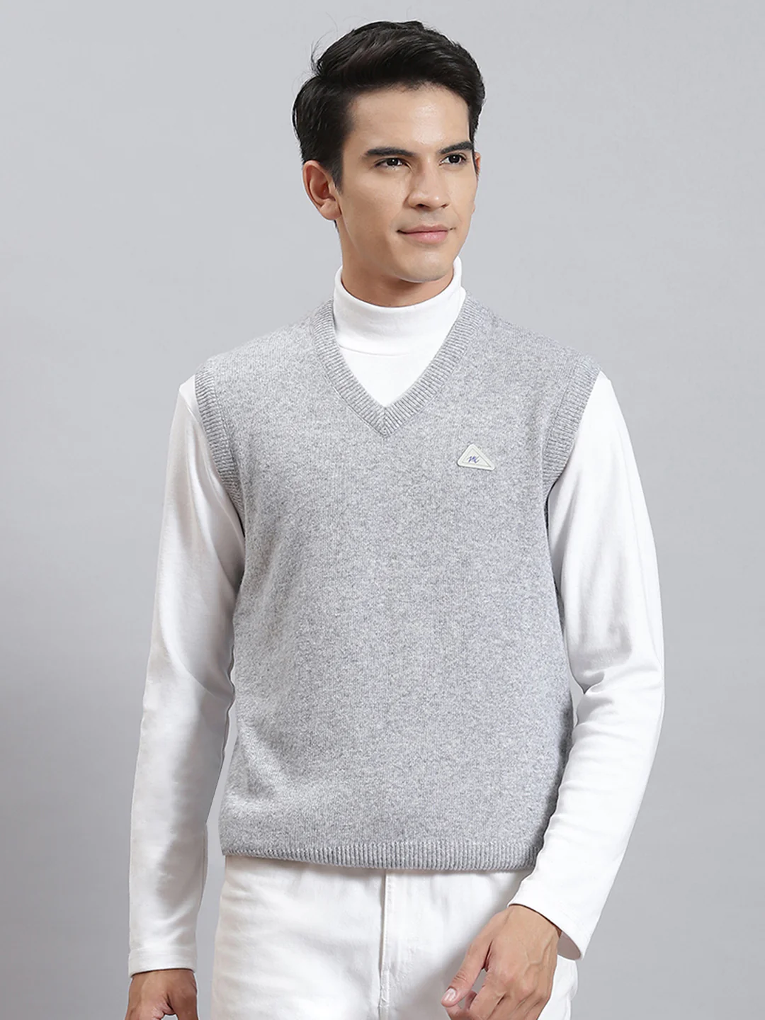 Men Grey Melange Solid V Neck Sleeveless Sweaters/Pullovers - Image 2