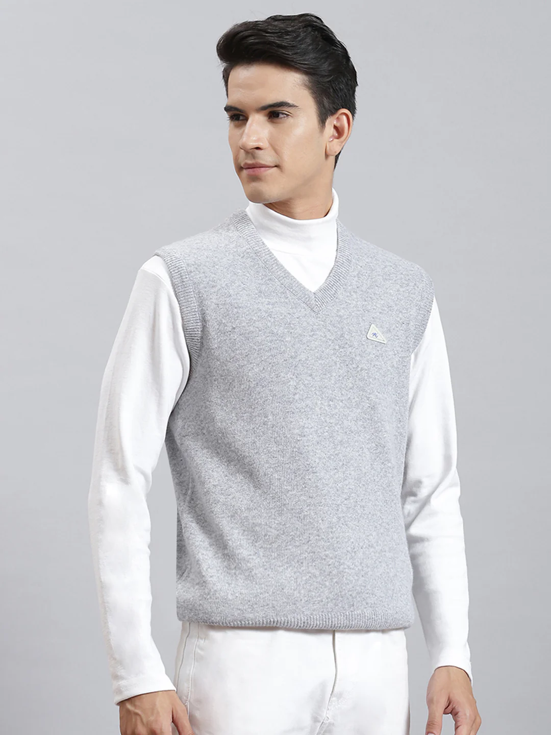 Men Grey Melange Solid V Neck Sleeveless Sweaters/Pullovers - Image 4