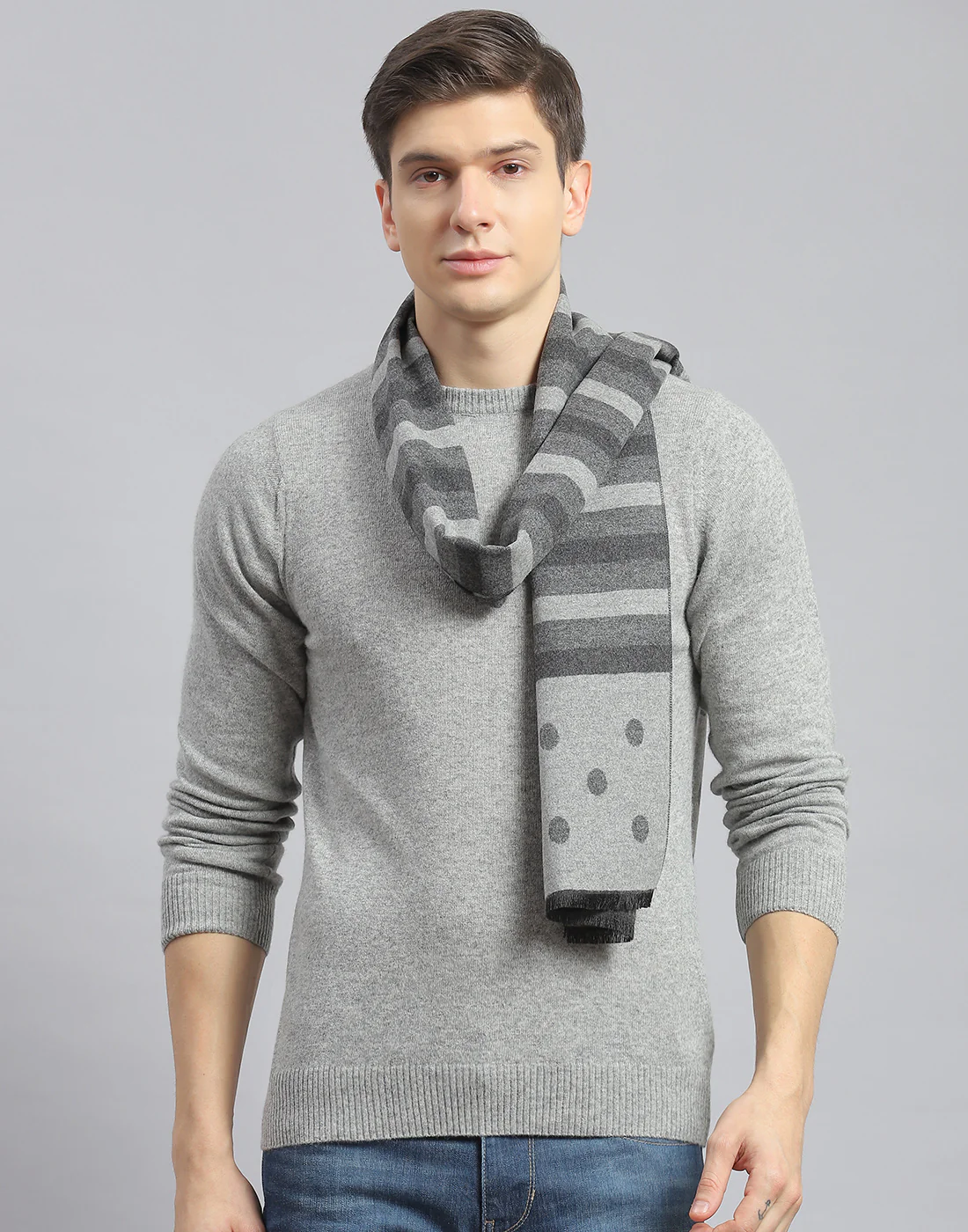 Men Grey Melange Stripe Muffler - Image 2