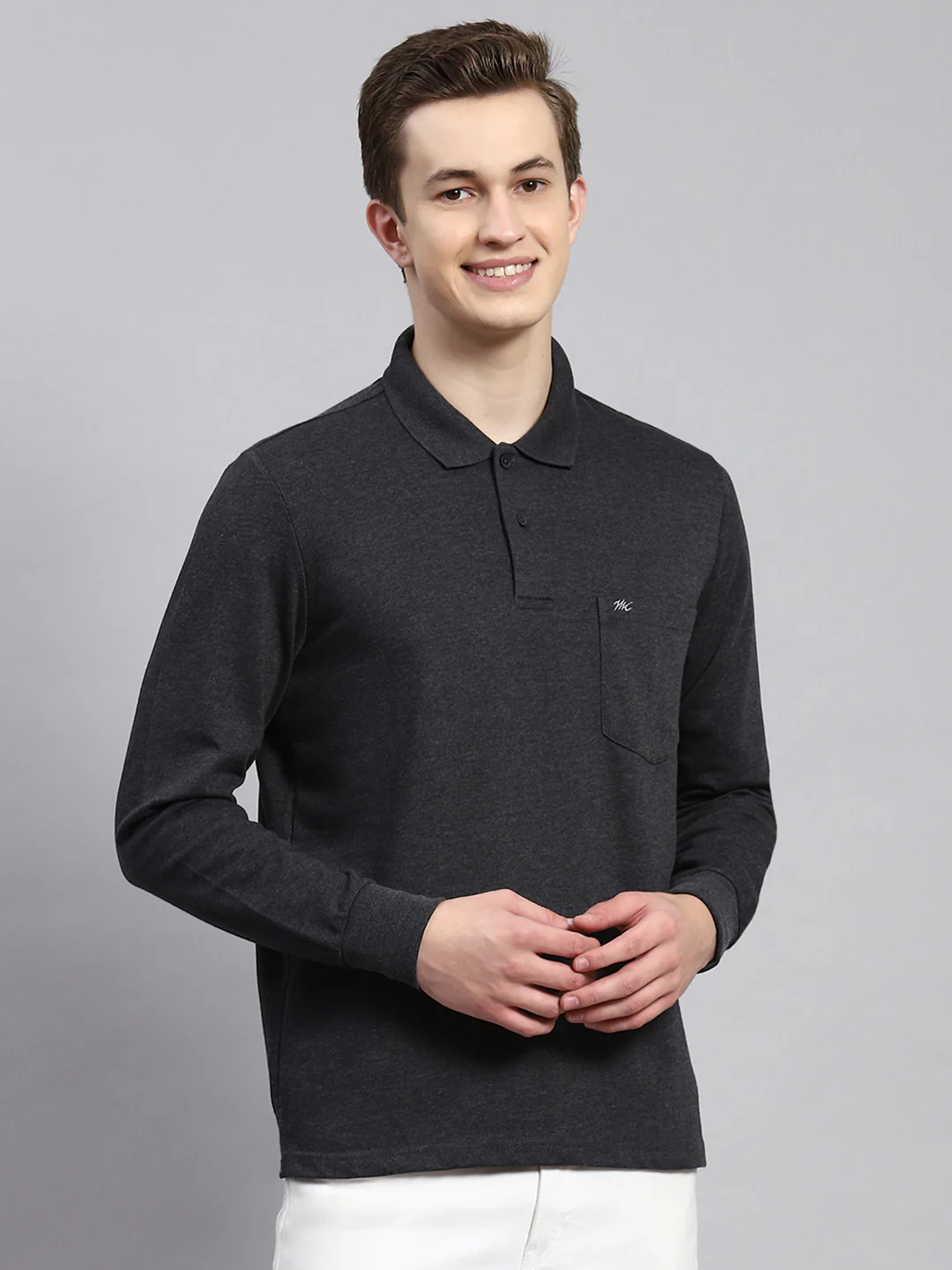 Men Grey Plain Winter T-Shirt - Image 2