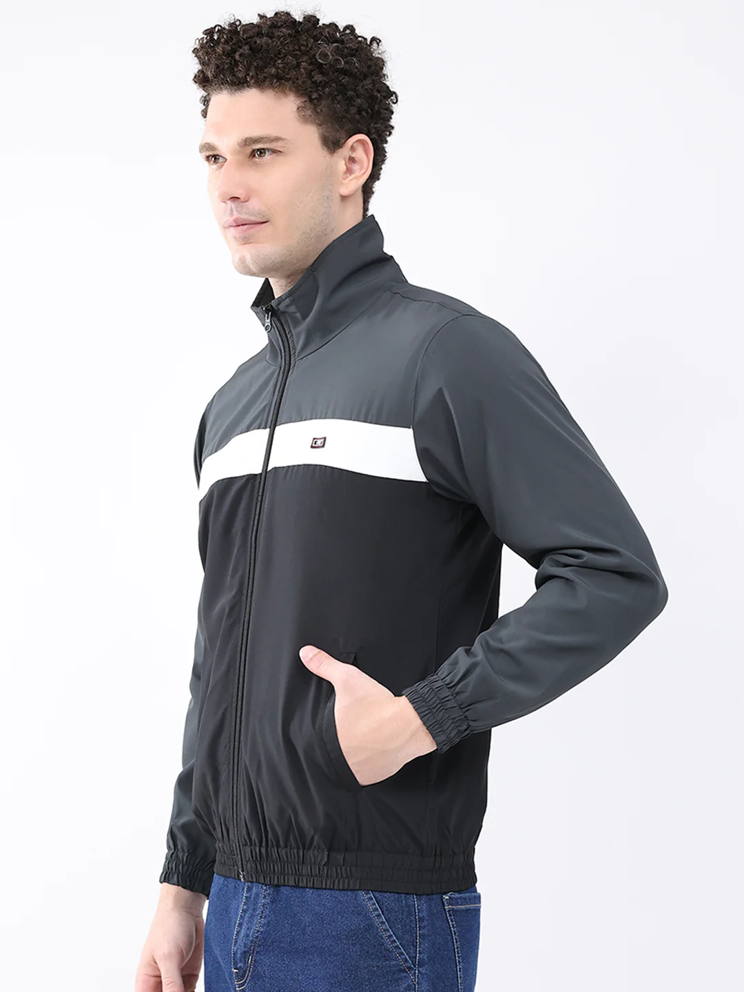 Men Grey Printed Collar Full Sleeve Jacket - Image 3