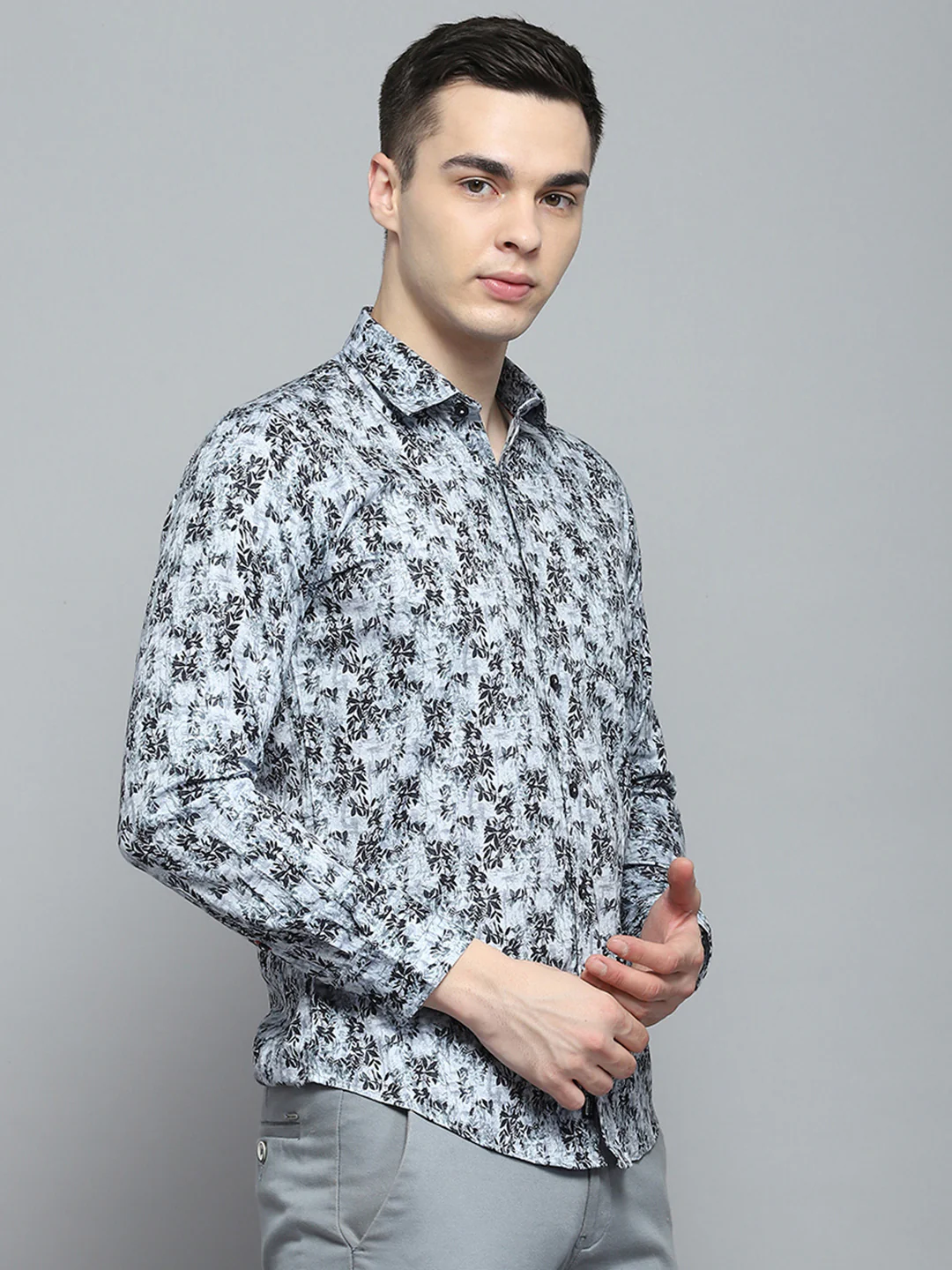 Men Grey Printed Collar Full Sleeve Shirt - Image 4