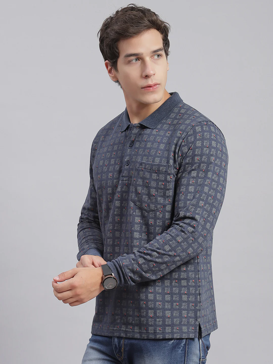 Men Grey Printed Collar Full Sleeve T-Shirts - Image 3