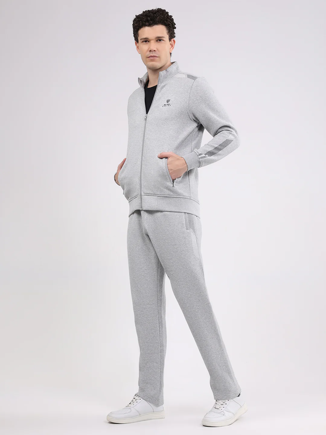 Men Grey Printed Collar Full Sleeve Winter Tracksuit - Image 3