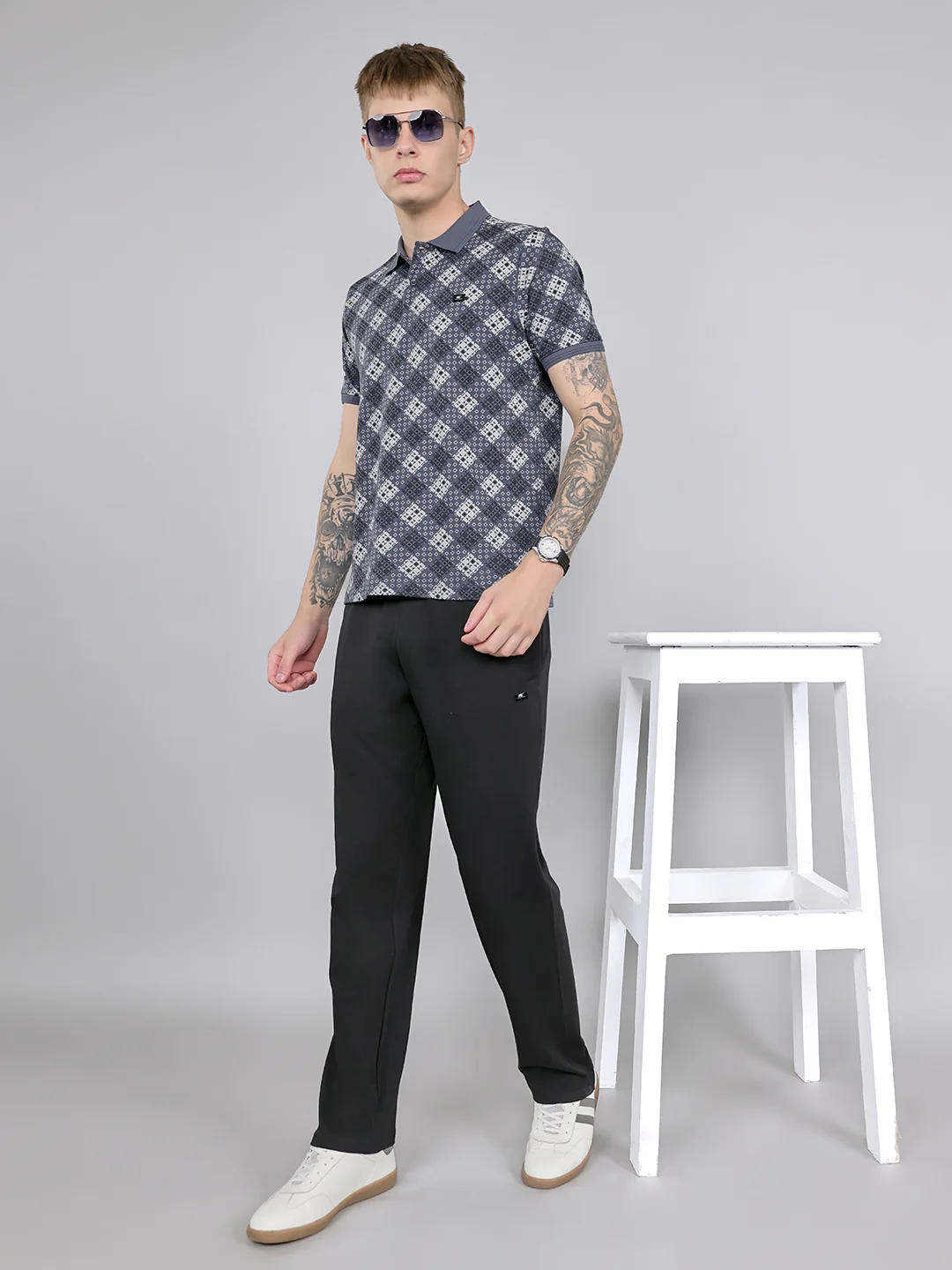 Men Grey Printed Collar Half Sleeve Lower Set - Image 7