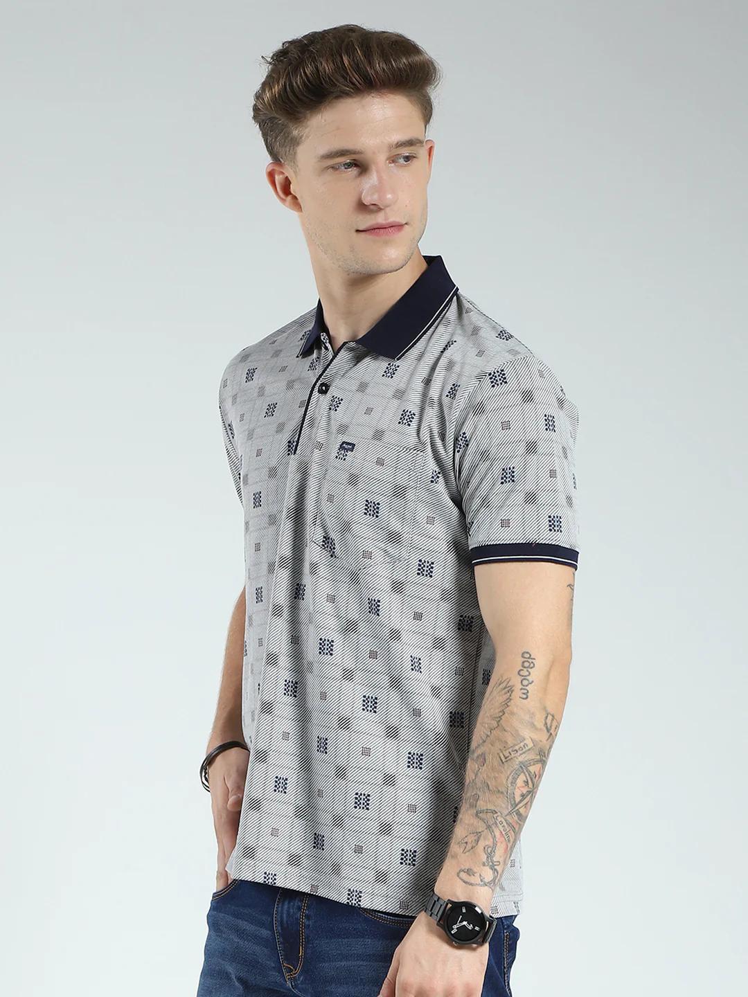 Men Grey Printed Collar Half Sleeve T-Shirt - Image 3