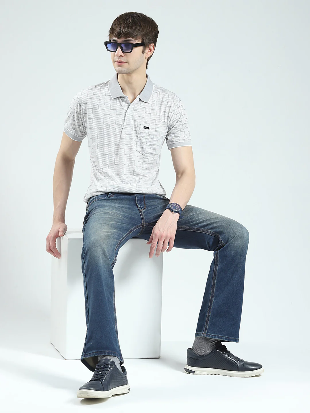 Men Grey Printed Collar Half Sleeve T-Shirt - Image 2