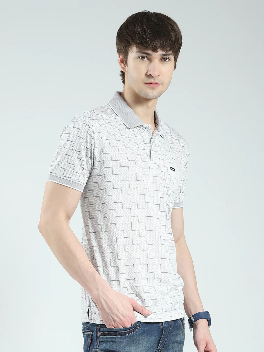 Men Grey Printed Collar Half Sleeve T-Shirt - Image 4