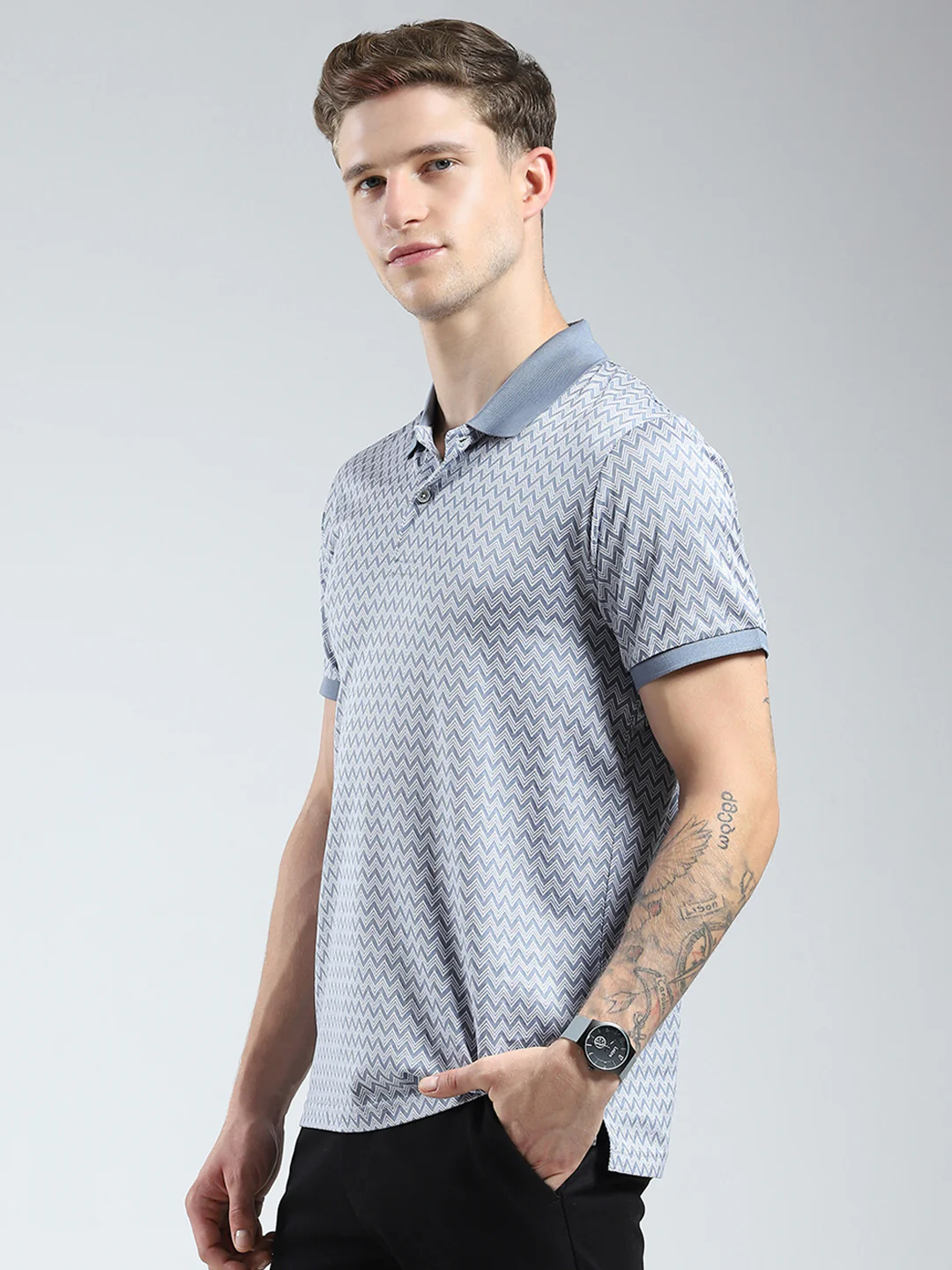 Men Grey Printed Collar Half Sleeve T-Shirt - Image 3