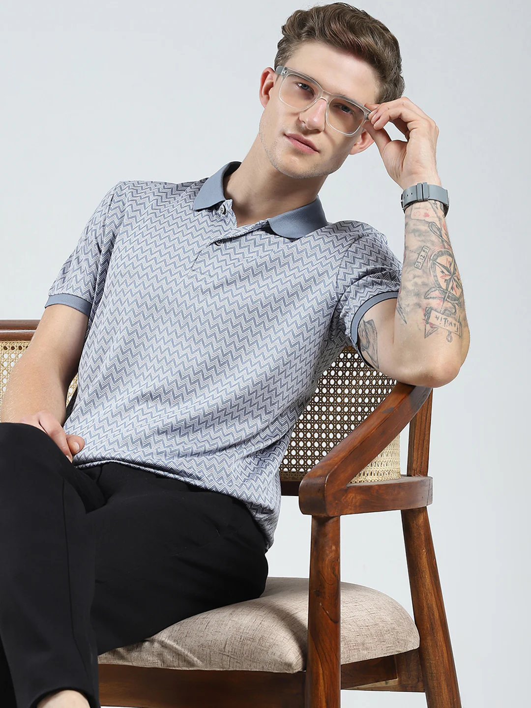 Men Grey Printed Collar Half Sleeve T-Shirt - Image 6