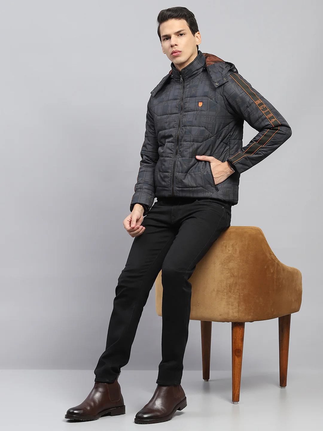 Men Grey Printed Detachable Hood Full Sleeve Jacket - Image 2