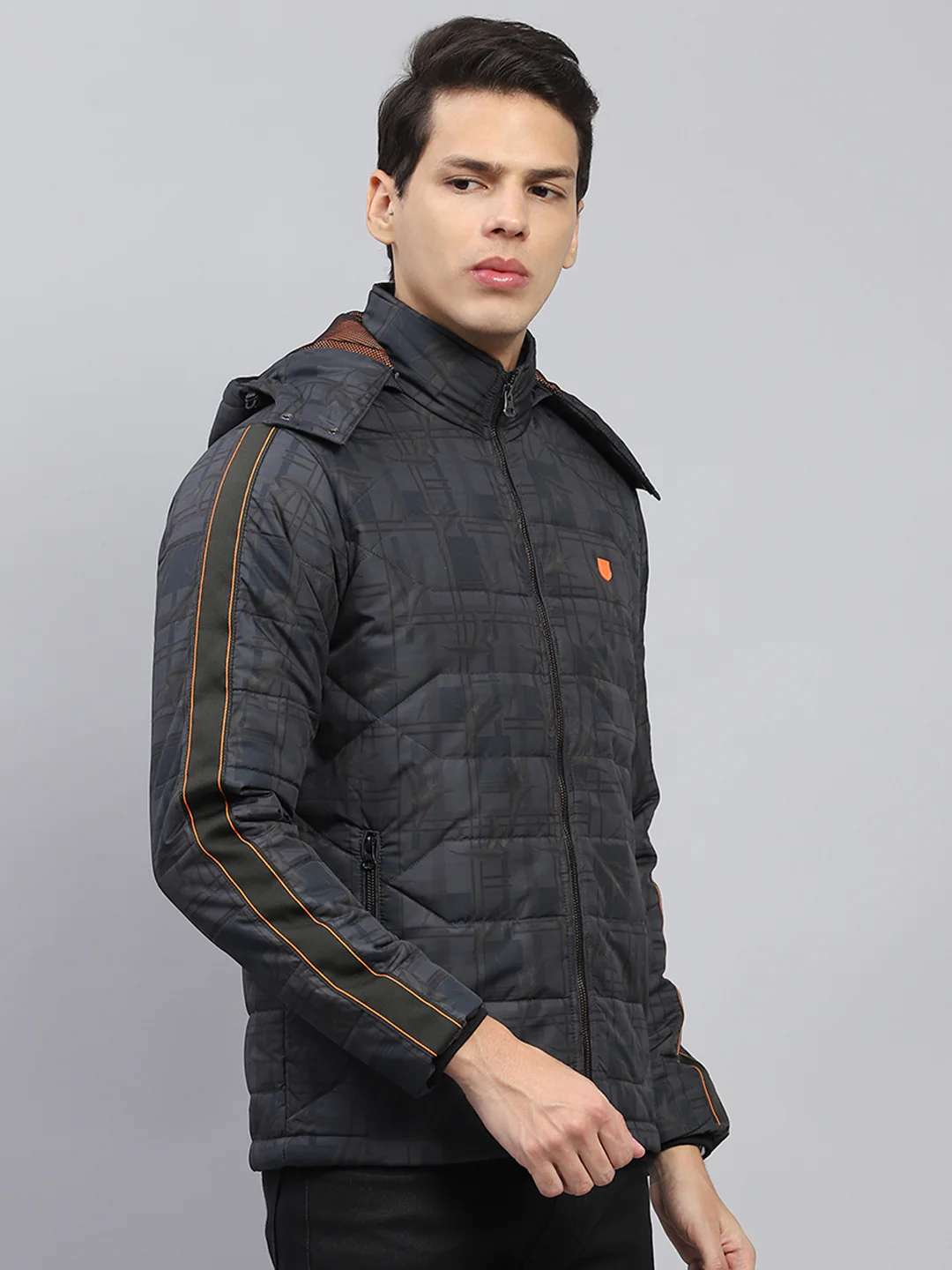 Men Grey Printed Detachable Hood Full Sleeve Jacket - Image 4