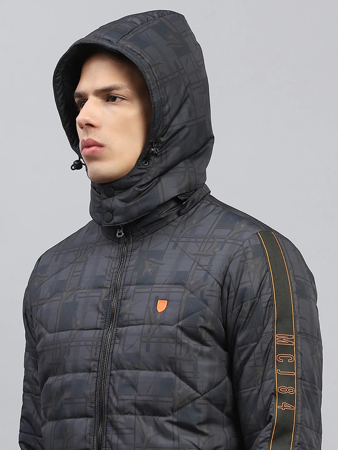 Men Grey Printed Detachable Hood Full Sleeve Jacket - Image 8