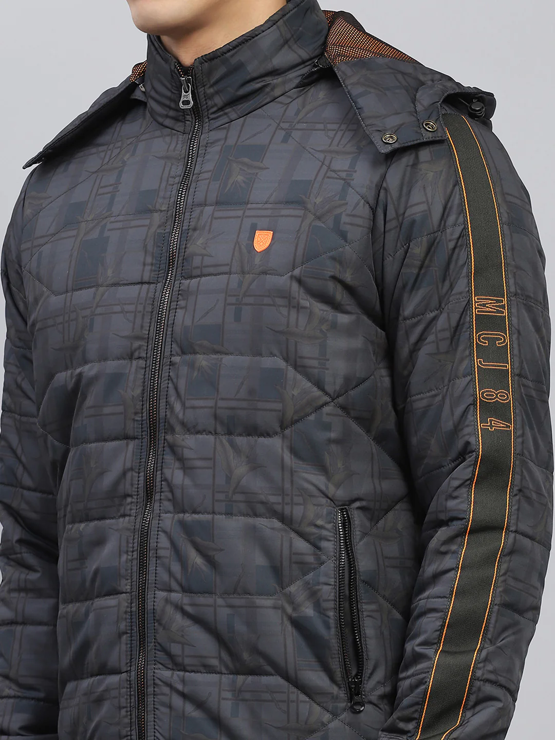 Men Grey Printed Detachable Hood Full Sleeve Jacket - Image 9