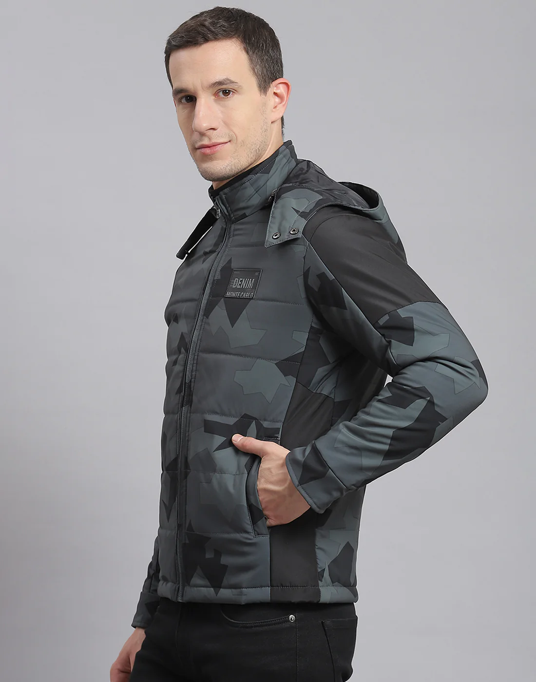 Men Grey Printed Hooded Full Sleeve Jacket - Image 3