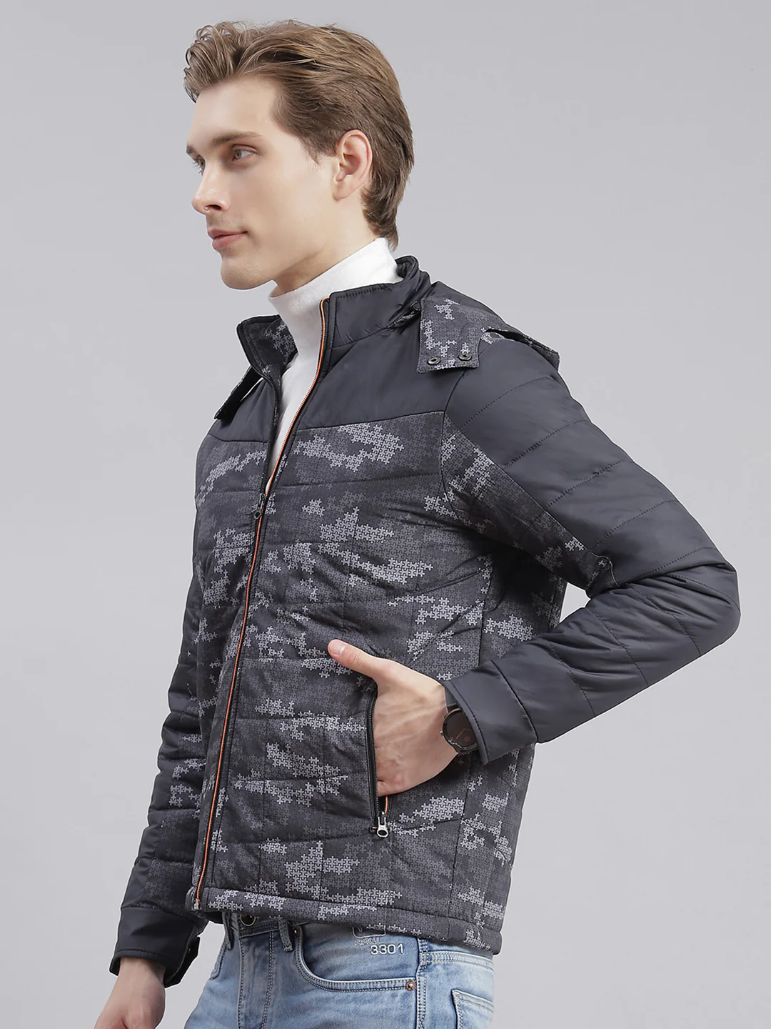 Men Grey Printed Hooded Full Sleeve Jackets - Image 4