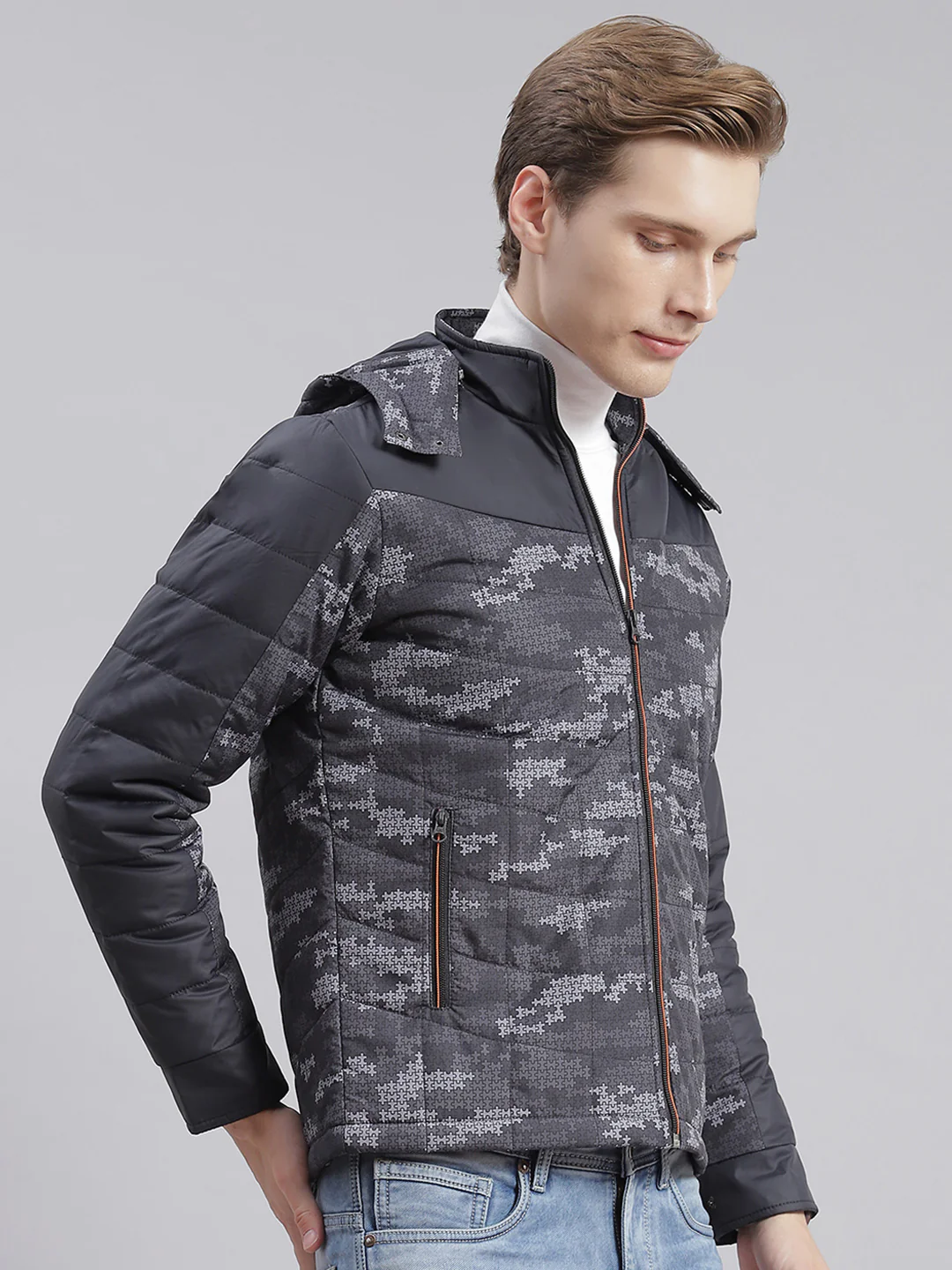 Men Grey Printed Hooded Full Sleeve Jackets - Image 5