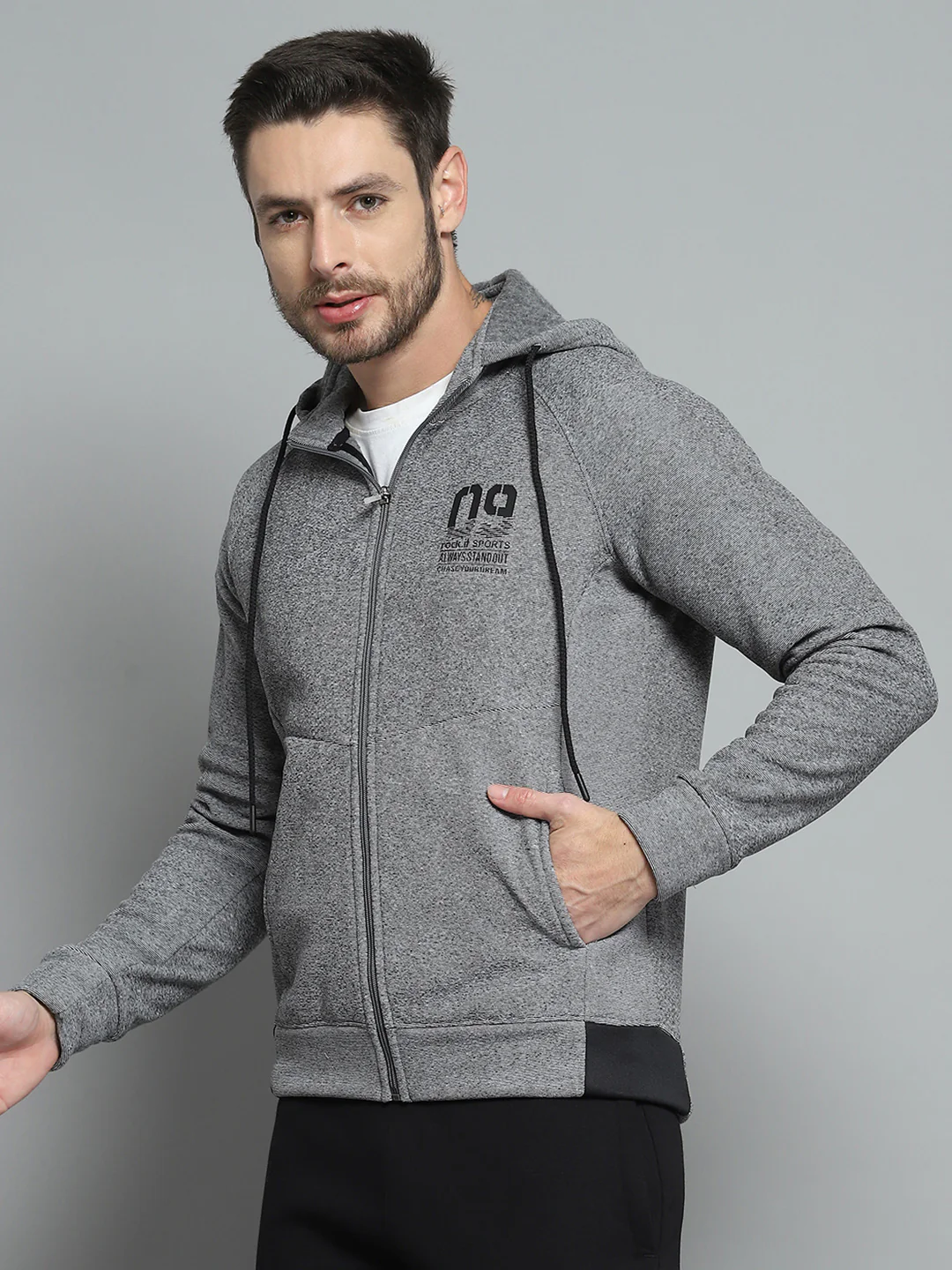 Rock.it Men Grey Printed Hooded Full Sleeve Sweatshirt - Image 3