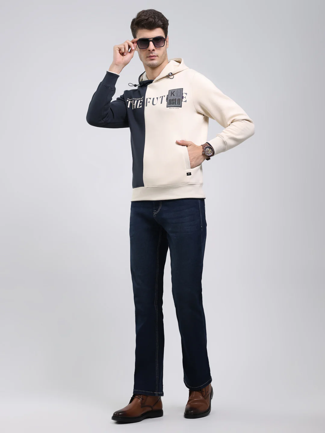 Men Grey Printed Hooded Full Sleeve Sweatshirt - Image 2