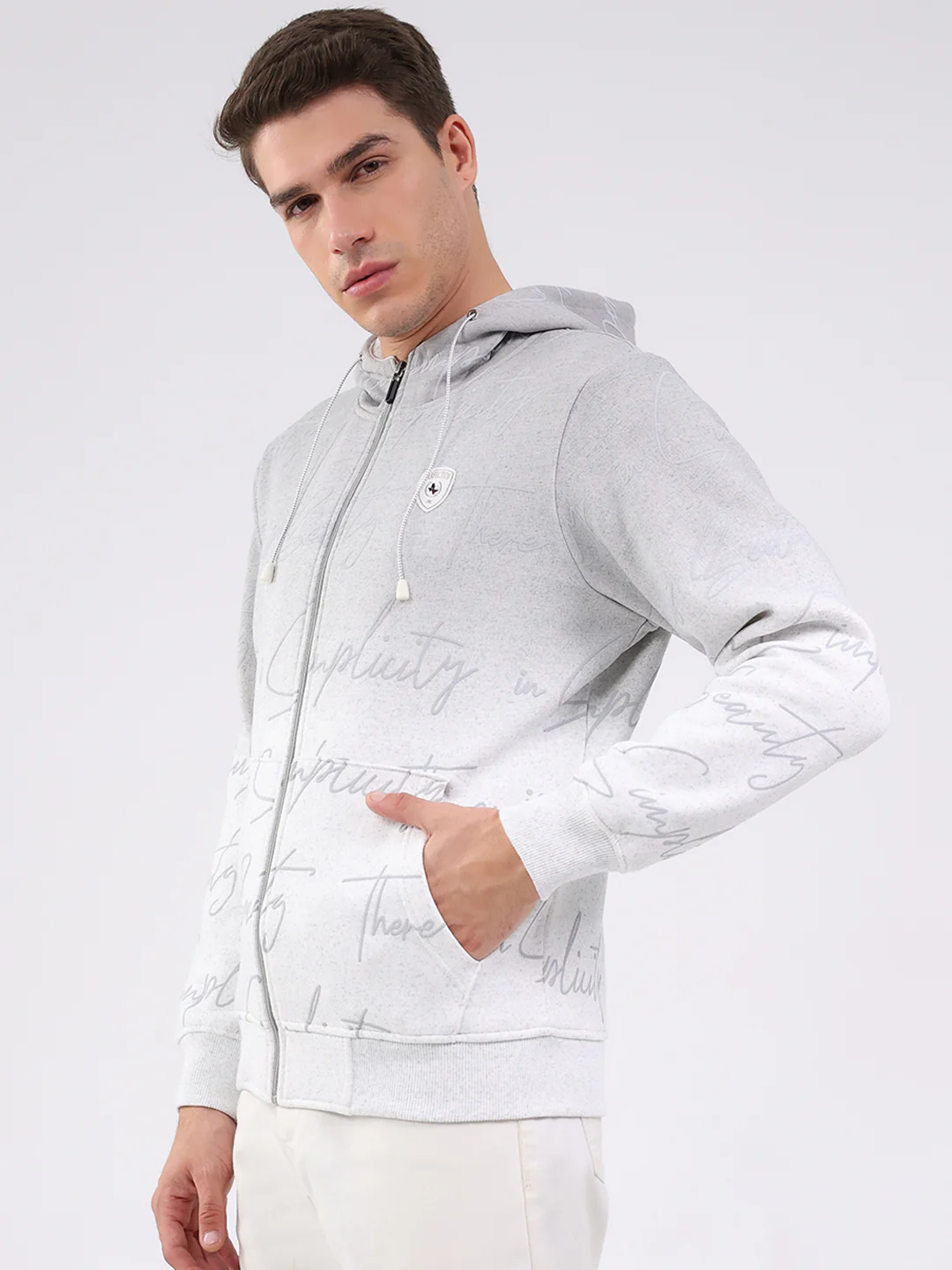 Men Grey Printed Hooded Full Sleeve Sweatshirt - Image 3