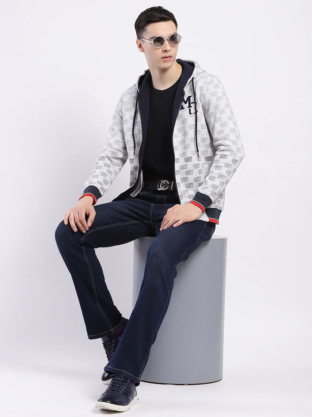 Men Grey Printed Hooded Full Sleeve Sweatshirt - Image 2