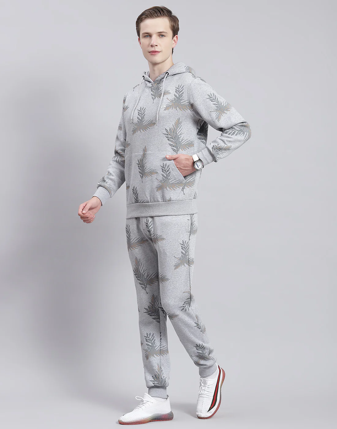 Men Grey Printed Hooded Full Sleeve Tracksuit - Image 3