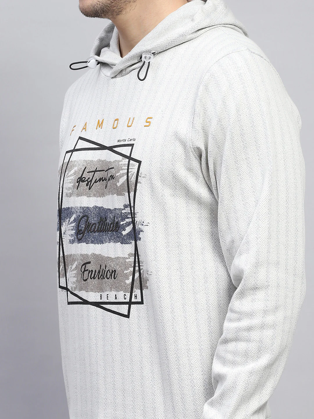 Men Grey Printed Hooded Full Sleeve Winter T-Shirt - Image 7
