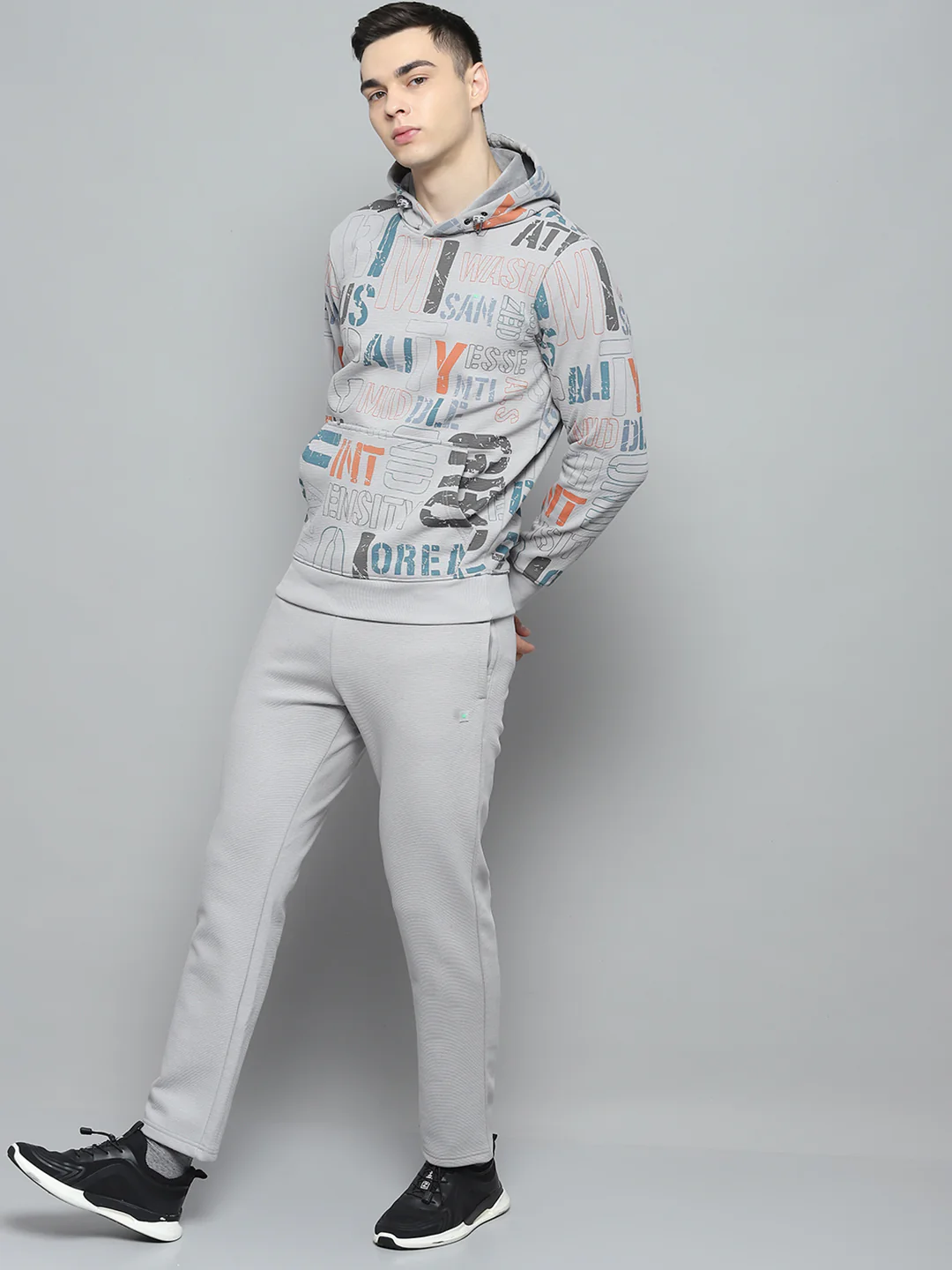 Men Grey Printed Hooded Full Sleeve Winter Tracksuit - Image 2