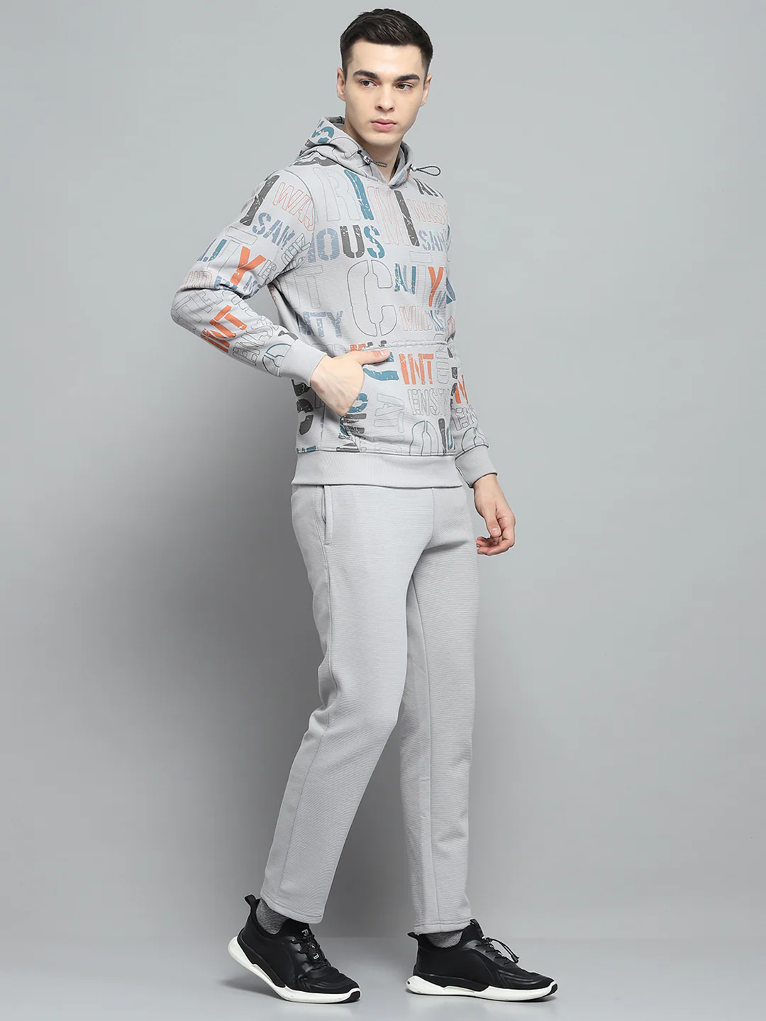 Men Grey Printed Hooded Full Sleeve Winter Tracksuit - Image 4