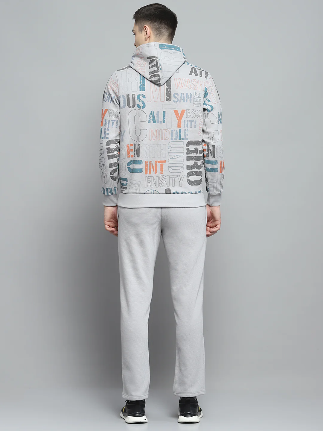 Men Grey Printed Hooded Full Sleeve Winter Tracksuit - Image 5