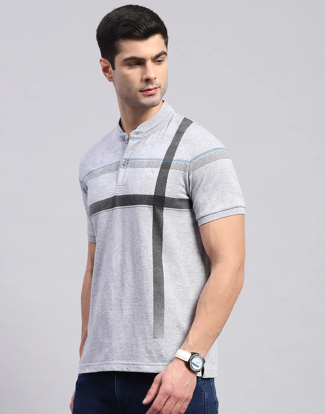 Men Grey Printed Mandarin Collar Half Sleeve T-Shirt - Image 3