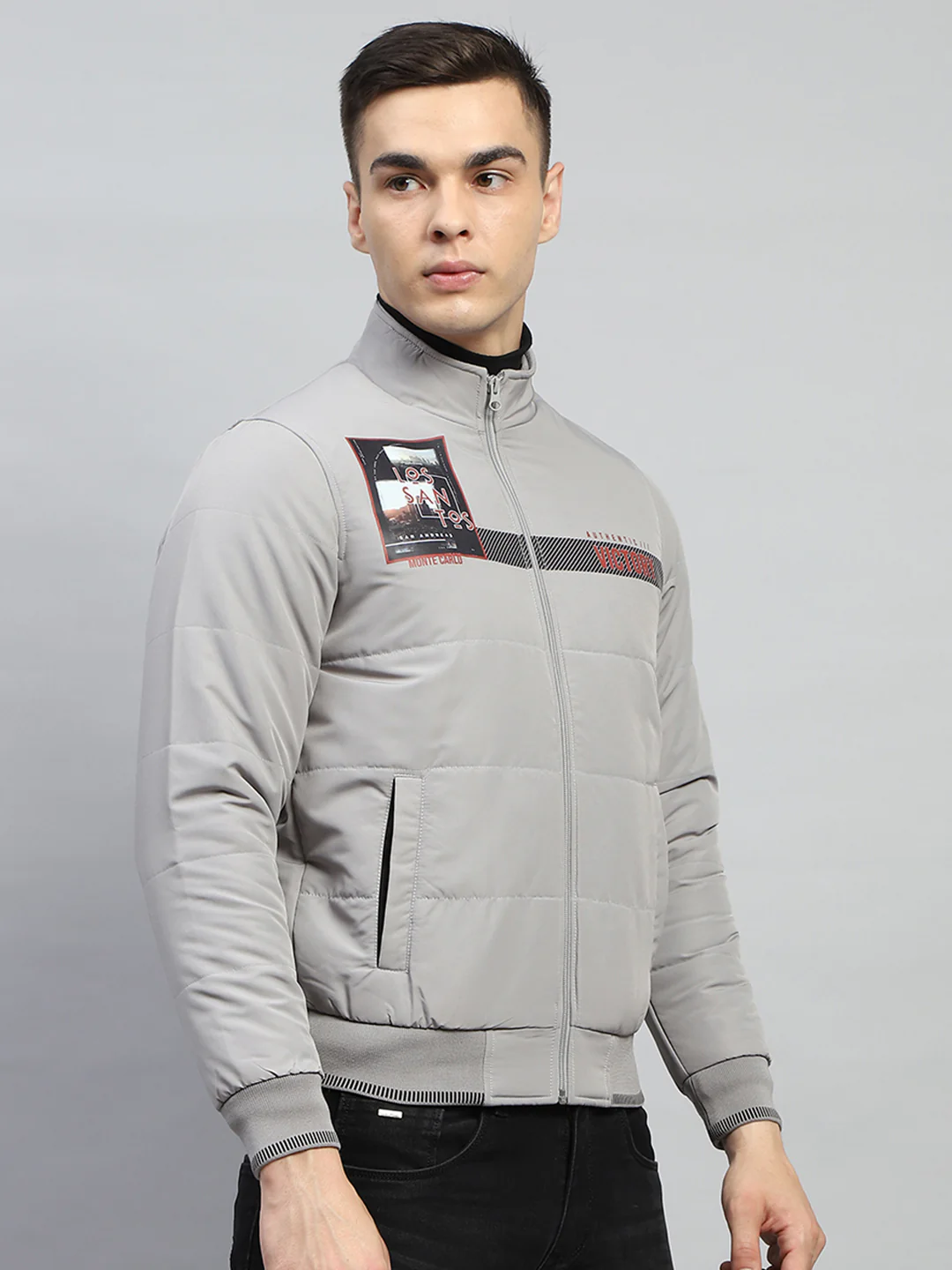 Men Grey Printed Mock Neck Full Sleeve Jacket - Image 4