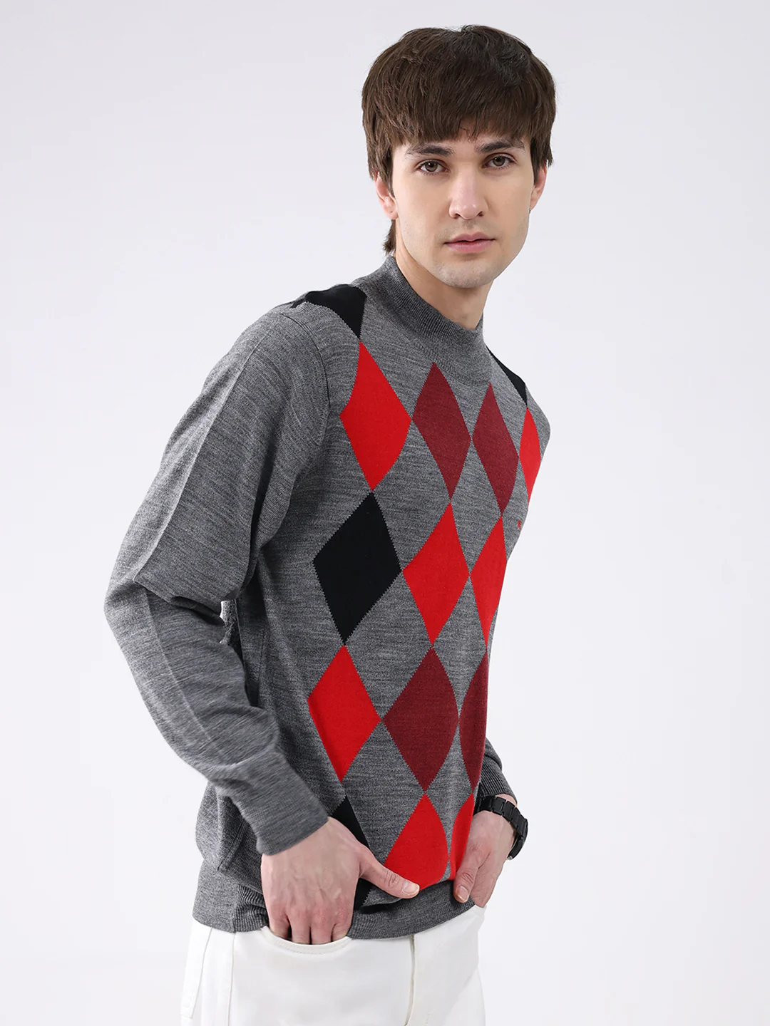 Men Grey Printed Mock Neck Full Sleeve Pullover - Image 4