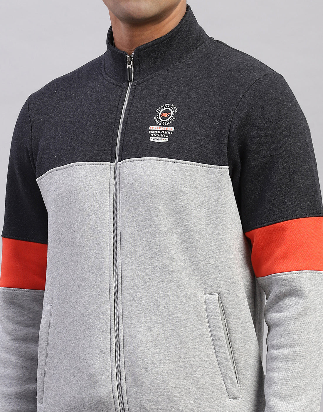 Men Grey Printed Mock Neck Full Sleeve Winter Tracksuit - Image 7