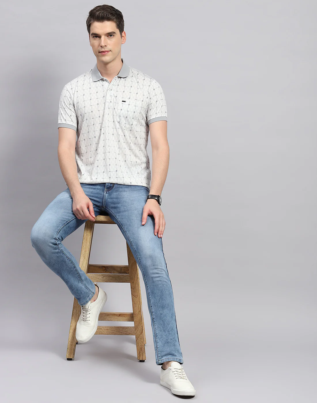 Men Grey Printed Polo Collar Half Sleeve T-Shirt - Image 2