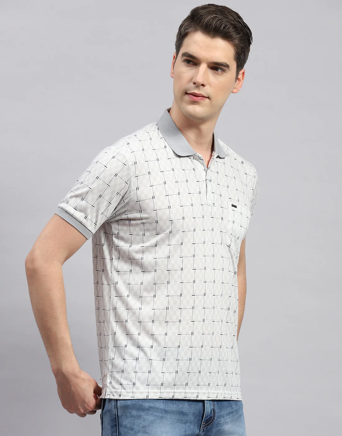 Men Grey Printed Polo Collar Half Sleeve T-Shirt - Image 4
