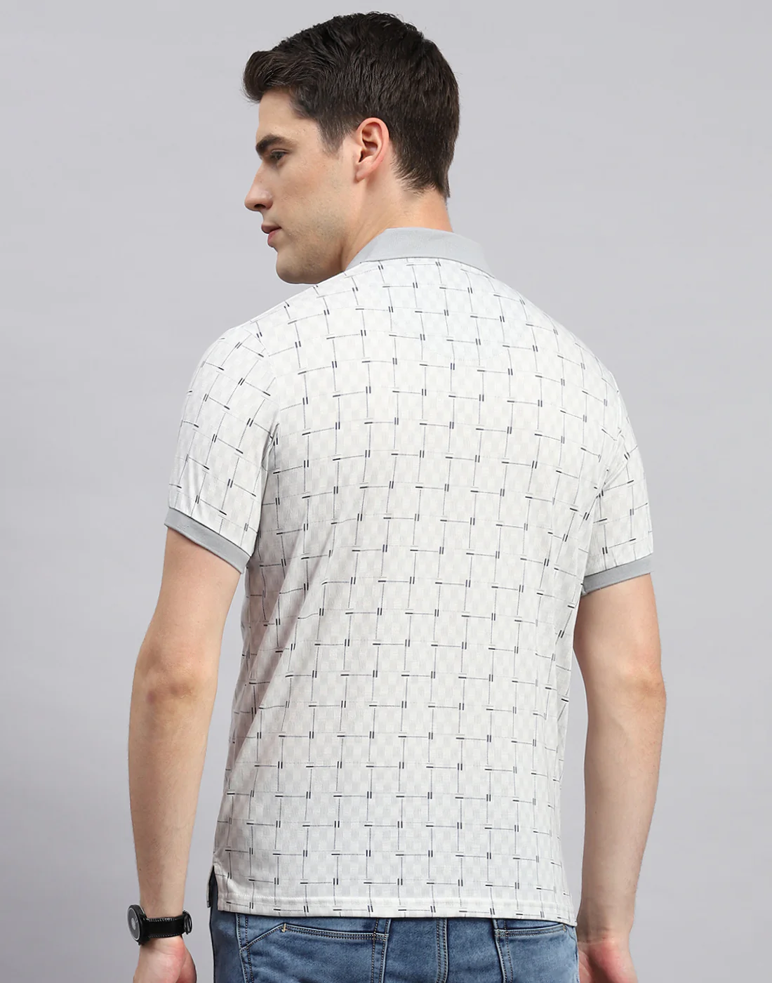 Men Grey Printed Polo Collar Half Sleeve T-Shirt - Image 5
