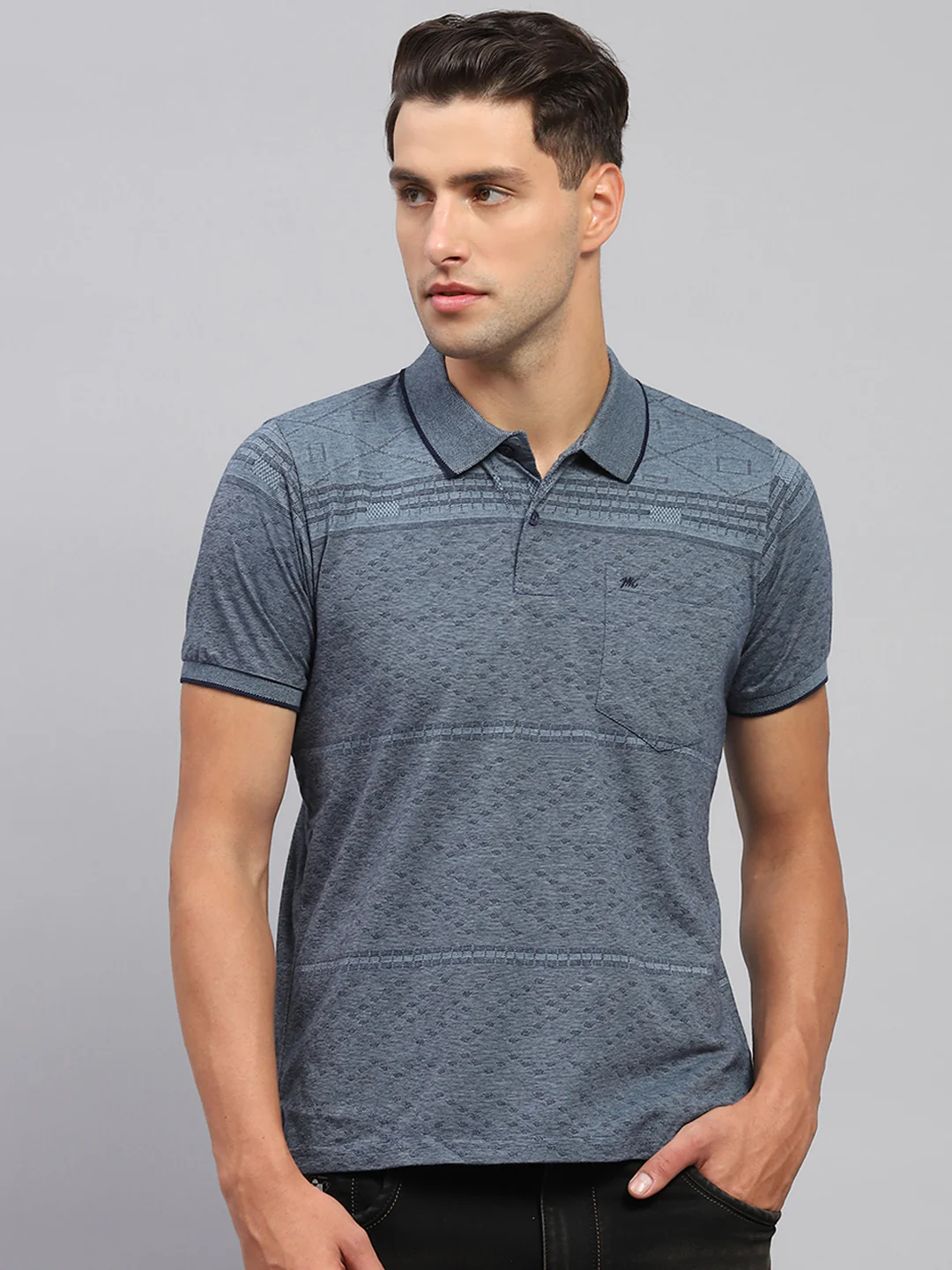 Men Grey Printed Polo Collar Half Sleeve T-Shirt - Image 2