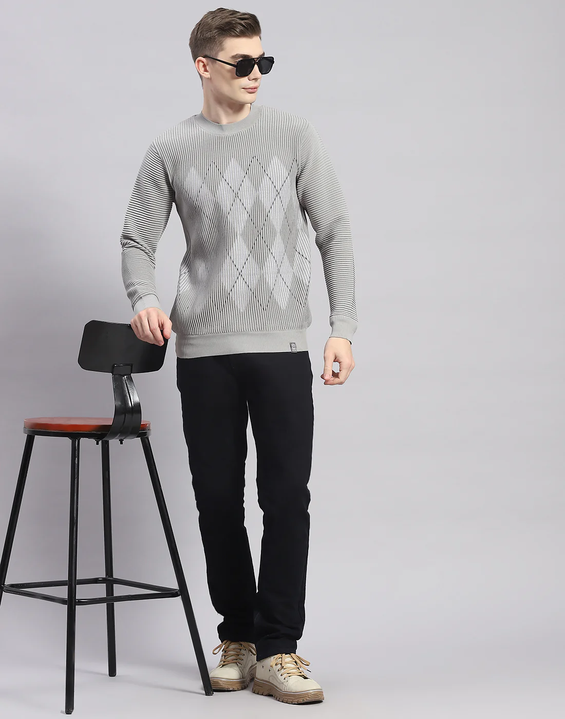 Men Grey Printed Round Neck Full Sleeve Pullover - Image 2