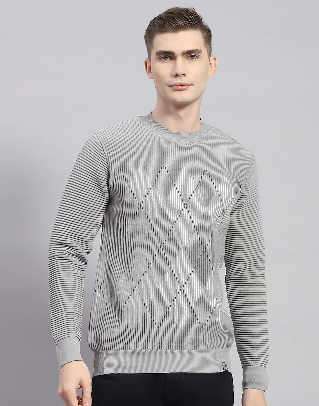 Men Grey Printed Round Neck Full Sleeve Pullover - Image 3