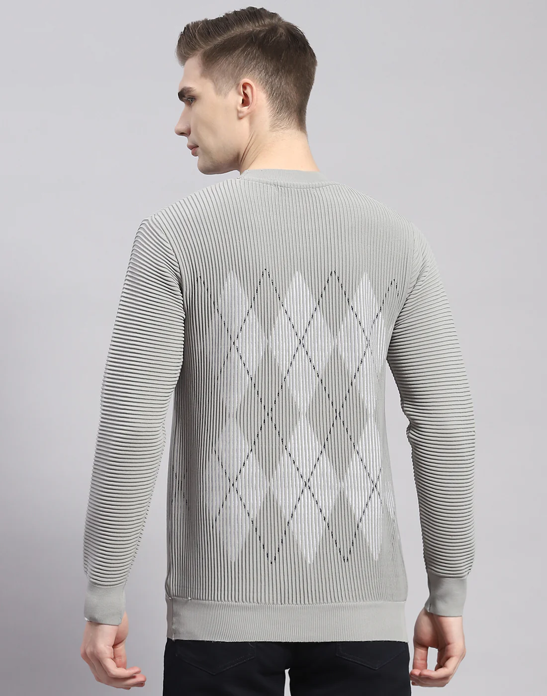 Men Grey Printed Round Neck Full Sleeve Pullover - Image 6